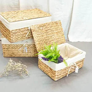 Wicker Water Hyacinth storage Baskets with Linings Natural Baskets with lid for Pantry Home Office Picnic Shelves Organization