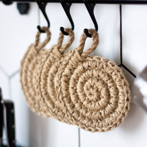 Woven Jute Crochet <b>Coasters</b> <b>Set</b>, Rustic <b>Placemat</b>, Jute Serving for Drink Kitchen Decor - Product Image 1