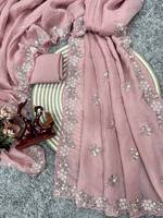 Nuevo y en tendencia: Hermoso sari Katdana con perlas, de primera calidad, para fiestas y bodas, precio al por mayor, sari listo para usar.