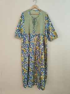 Handmade Cotton Floral Block Print V-neck <b>Long</b> Sleeve Floor-Length Boho Maxi <b>Dress</b> Striped Yoke | Comfortable Summer <b>Kaftan</b> - Product Image 5