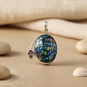 Pendentif en argent 925 avec coquille d'ormeau et pierre d'améthyste, style bohème chic, bijou de charme pour un usage quotidien, unisexe - Product Image 1