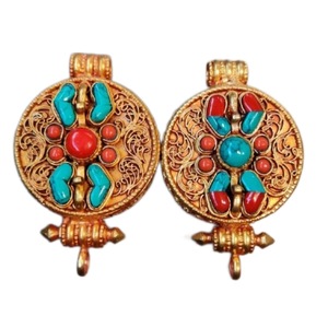 Joyería budista religiosa de Latón chapado en oro hecha a mano colgantes finos dijes Ghau forma diamante Coral flor patrones Turquesa - Product Image 4