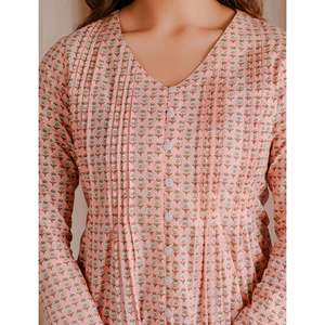 <b>Peach</b> Green Butti Cotton Short <b>Top</b> with Ruched Decoration - Product Image 2