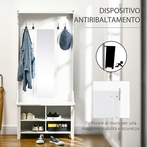HOMCOM Perchero de pie con espejo Zapatero 4 ganchos de madera 80x40x170cm Blanco - Product Image 5
