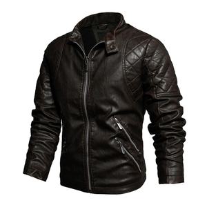 Chaqueta de cuero para hombre, estilo motociclista, cuello alto, corte ajustado, piel de oveja con tratamiento revestido, para otoño e invierno. - Product Image 1