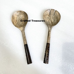 Eco friendly Wood & Resin cutlery Salad Server Set Resin Handle Spoon And Fork Set <b>For</b> Kitchenware & Dinnerware <b>Decoration</b> <b>Item</b> - Product Image 5