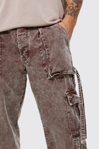 Nuevos detalles de la correa de lavado ácido de Color chocolate, pantalones de pana con bolsillos Cargo holgados para hombres, pantalones vaqueros personalizados de alta calidad para hombres, OEM - Product Image 4