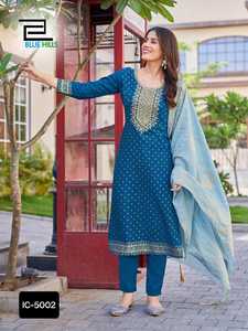 Indian Ethnic Wear Rayon Foil Print Embroidery Work Wedding Leranath Fashion Readymade Salwar Kameez Chanderi Print Latkan - Product Image 2