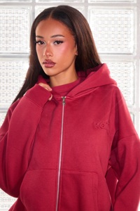 Chándal Largo con Capucha y Cremallera, Color Rojo Oscuro, para Mujer, en Nailon/Algodón, con Logotipo Bordado en Relieve - Product Image 2