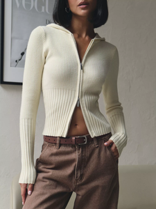 Cardigan en <span class=keywords><strong>tricot</strong></span> côtelé mélange de <span class=keywords><strong>laine</strong></span> pour <span class=keywords><strong>femme</strong></span>, couleur crème, coupe ajustée, fermeture bidirectionnelle, avec capuche, style sportif, <span class=keywords><strong>veste</strong></span> courte, vêtement d'extérieur - Product Image 2