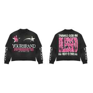 T-shirt de haute qualité Double couche longue personnalisée Double couche T-shirt graphique Chemises en coton à manches gaufrées T-shirt surdimensionné à vendre - Product Image 4