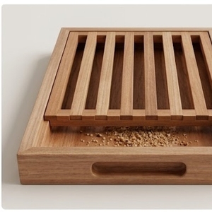 Tabla de cortar pan de madera hecha a mano, rectangular, multifuncional, con bandeja para migas extraíble, mango de madera, empaque individual. - Product Image 3