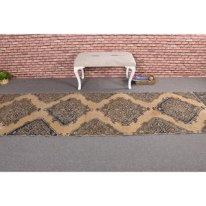 Turkish Vintage Rug, Runner 3x11.9 ft (92x362 cm) Rug, <b>Brown</b> Floral <b>Wool</b> Rug - Product Image 3