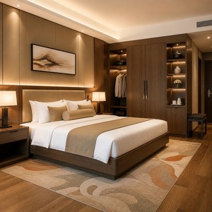 Set di Mobili in Legno per Camera d'Albergo: Letto e Armadio, Pacchetto Completo per Progetti di Appartamenti - Product Image 1