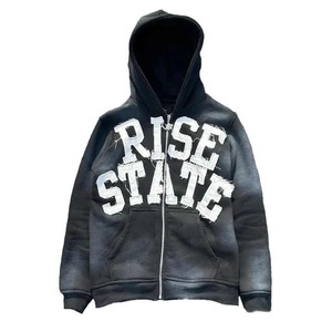 Diseño personalizado Logo Parche Bordado Faded French Terry Desgastado Bordado Unisex Streetwear Zip up Acid Wash Hoodie - Product Image 1