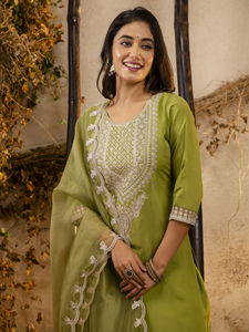 Elegant Indian Ethnic Wear Straight Kurti Pant Set with Embroidery and <b>Organza</b> Dupatta - Product Image 3