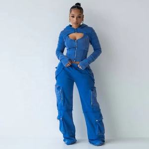 Recién llegado, chándal de lana de algodón 100% para mujer, bolsillos Cargo con múltiples cremalleras, chándales 450 GSM para botón lavado de invierno - Product Image 6