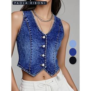 Paola Riboni <b>Women</b> Washed Woven <b>Denim</b> Vest Crop Top V Neck Button Front Short Sleeveless <b>Waistcoat</b> <b>for</b> Spring Summer - Product Image 2