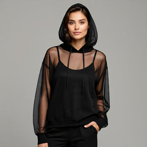 Sudadera con Capucha de Manga Larga para Mujer, Talla Grande, al por Mayor, Top de Malla para Nadar, con Capucha, Transparente, de Red, para Mujer - Product Image 4