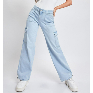 Ropa de calle Vintage para mujer, pantalones elegantes de cintura alta con múltiples bolsillos, pantalones vaqueros rectos de pierna ancha, pantalones vaqueros Cargo apilados para mujer - Product Image 3