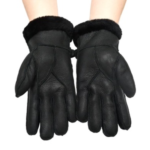 High quality Goat Sheepskin <b>Fur</b> Leather Winter <b>Gloves</b> Fashion Soft Black Leather <b>Gloves</b> for Men Women - Product Image 4