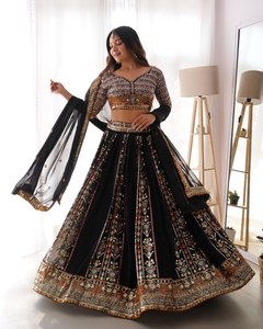 Premium Quality Black Color Heavy Embroidery Sequence <b>Work</b> <b>Light</b> Weight Georgette Fabric Lehenga Choli Blouse Piece - Product Image 1