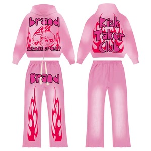 Ensemble de survêtement unisexe en coton 100% à capuche et imprimé délavé, deux pièces, pantalon évasé, sweat à capuche zippé, hiver, personnalisé - Product Image 1