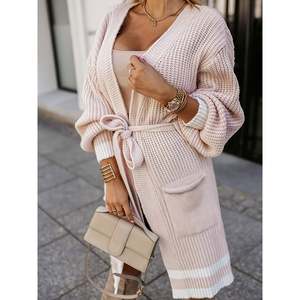 Cardigan long en tricot rose décontracté pour femme avec détail enroulé et à nouer pour le printemps et l'automne - Product Image 1