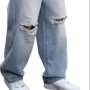 Pantalones vaqueros rasgados holgados de alta calidad para hombre, venta al por mayor, personalizados, transpirables, nuevo diseño, pierna ancha, estilo Hip Hop, ajuste holgado, mezclilla media - Product Image 1