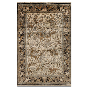 Tapis en soie noué à la main Gulmarg beige et marron, motif animalier, motif puzzle rectangulaire, hauteur de poils moelleux, pour la maison, modèle Pae-6447 - Product Image 1
