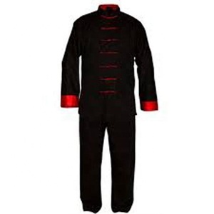 Uniforme de Kung Fu noir de qualité supérieure avec logo et design personnalisés, boutons rouges, tenue traditionnelle chinoise de Kung Fu fabriquée par Zevron Sports - Product Image 1