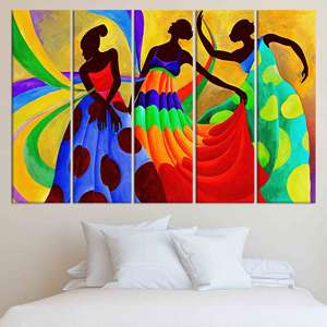 Danseurs africains vibrants : œuvre d'art sur toile imprimée - Décoration abstraite moderne, ensemble de 5 toiles - Product Image 1