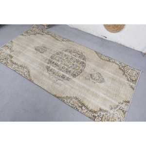 พรมลายจุดสีเบจสไตล์วินเทจแบบตุรกี ขนาด 3.4x6.9 ฟุต ทำจากขนสัตว์ - Product Image 4