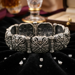 Pulsera de Plata de Ley 925 con Patrón Calado y Diseño Cuadrado Abombado, Brazalete Fino con Piedra Tasz, 45.56g, 19.5cm - Product Image 5