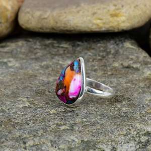 Bague bohème chrétienne vintage en argent sterling 925 massif avec turquoise naturelle Kingman rose épineuse, taille poire 9x12mm, sertie clos - Product Image 6