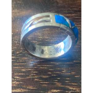 Zuni Handmade Blue Opal & Sterling <b>Silver</b> Gemstone <b>Ring</b> Geometric Design with Rhodium Plating Everyday Wear Cut Pearl Inlay - Product Image 5