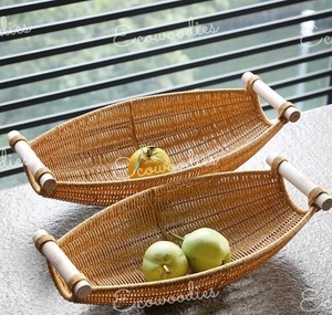 Rustic Charm Fruit <b>Basket</b> With <b>Wooden</b> Handles Antique Design Bamboo Rattan Boat Shape Long Decor Snack <b>Basket</b> for Kitchen Decor - Product Image 2