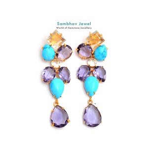 Women's 925 Sterling <b>Silver</b> Gold Plated Drop <b>Earrings</b> <b>Wedding</b> Engagement Fashion Accessory Natural Amethyst Turquoise Gemstones - Product Image 1