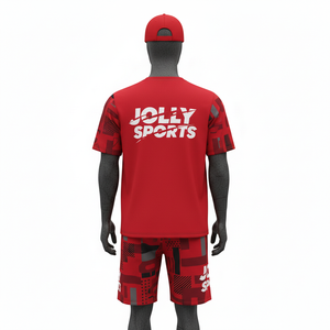 ชุดเสื้อและกางเกงขาสั้นผู้ชายคุณภาพสูง ผ้าโพลีเอสเตอร์ 180 GSM สำหรับเล่นกีฬา สีแดง พิมพ์ลายโลโก้แบบซับลิเมชั่นตามสั่ง ชุดวิ่งออกกำลังกายสำหรับผู้ชาย - Product Image 2