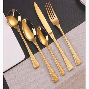 Luxury <b>Silver</b> Metal Flat <b>Light</b> Hammered With Yellow & White <b>Shade</b> Handle Cutlery Stainless Steel Cutlery Flatware Set - Product Image 2