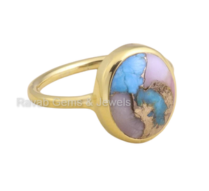 Meilleure vente Bague ovale délicate plaquée or 18 carats pour femme 10x14mm Lunette rose opale cuivre turquoise pour fêtes Bagues fines - Product Image 5
