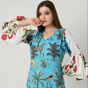 เดรสยาวพิมพ์ลายแขนพัฟผ้าฝ้ายงานปักสไตล์วินเทจ - Product Image 1