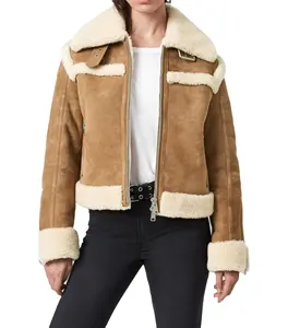 Grosir jaket kulit domba murni wanita, jaket Bomber Aviator 100% kulit domba untuk musim dingin wanita