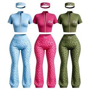 Conjunto deportivo de 2 piezas con estampado de leopardo y guepardo para mujer, top con cremallera de manga larga y pantalones con diadema, transpirable, de punto, para todas las estaciones - Product Image 3