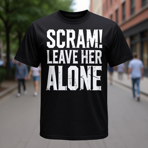 T-shirt Scram Leave Her Alone Distressed Humor nera per adulti unisex - Product Image 3