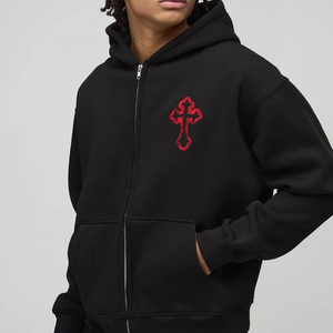 เสื้อมีฮู้ดซิปผ้าฝ้าย100% พรีเมี่ยมสำหรับผู้ชายทุกเพศเสื้อมีฮู้ดโอเวอร์ไซส์ใหญ่พิเศษผ้าฝ้าย500 GSM สีดำหนา - Product Image 1