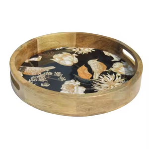 Bandeja de servicio de madera más duradera, bandeja de servicio de comida de madera de bambú impresa en mosaico redondo, bandejas de servicio de madera de último diseño único - Product Image 2