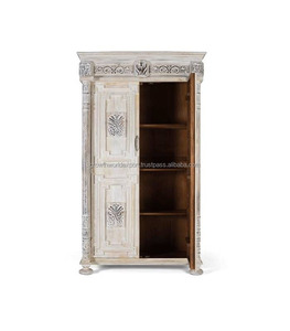 New Colco Handmade Antique Distressed White Wooden Almirah Closet Freestanding & Assembled with Two Doors Floral Carved - Product Image 3