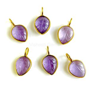 Colgante de hoja tallada de amatista Natural para la fabricación de joyas, colgante de amatista de hoja de piedras preciosas chapadas en oro de Plata de Ley 925 - Product Image 5