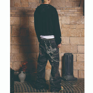 Sweat-shirt en coton côtelé à épaules tombantes personnalisé de haute qualité avec strass, effet vieilli, fermeture éclair, vintage, pour homme - Product Image 4